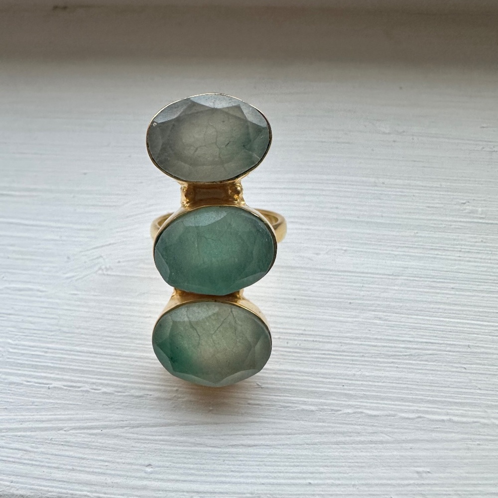 Yellow Gold Plated Green Corundum Bezel Set Statement Ring